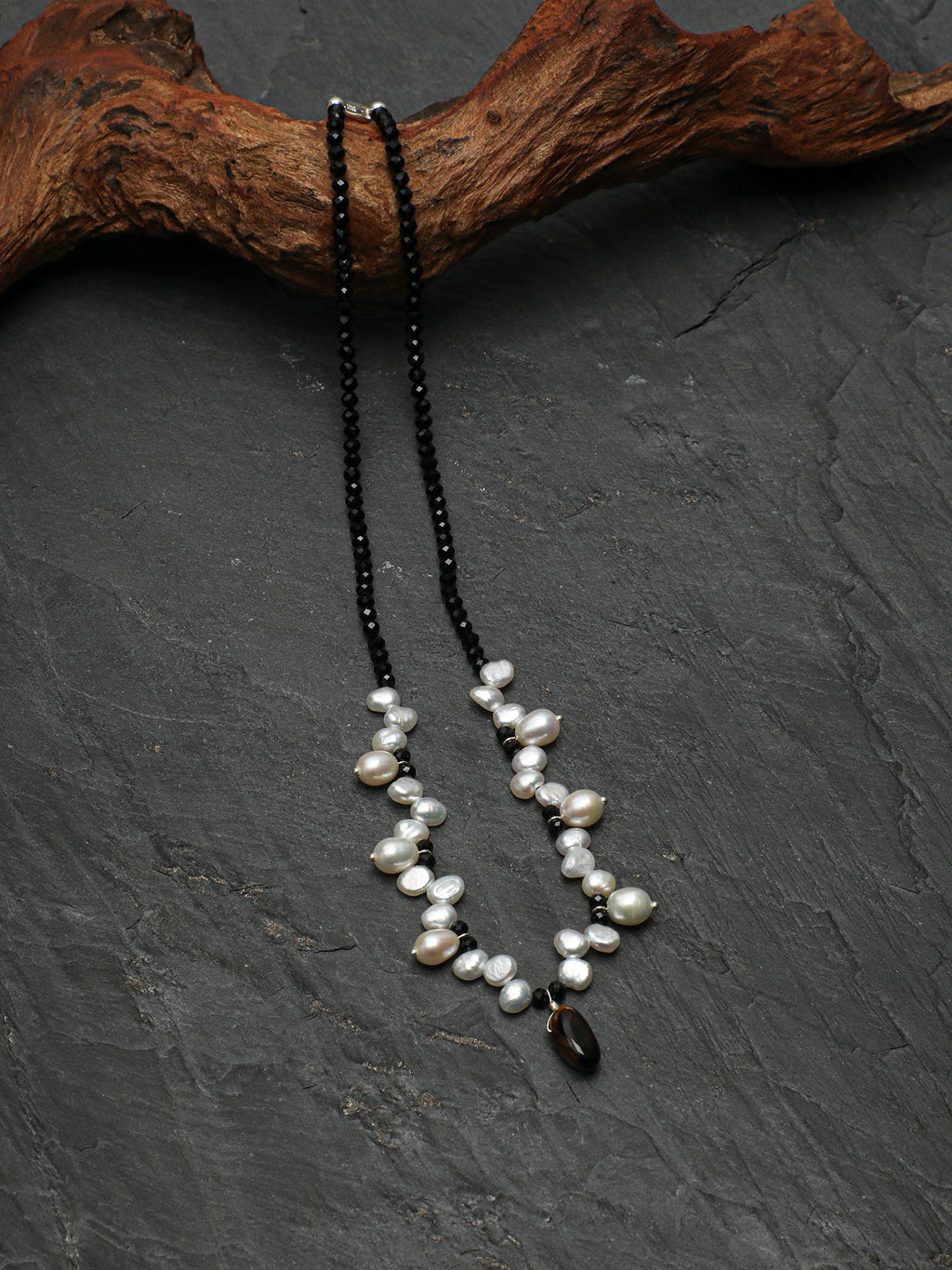 Black Tourmaline & Pearl Pendant Necklace — black tourmaline, pearl, tiger's eye, sterling silver | SENLORE