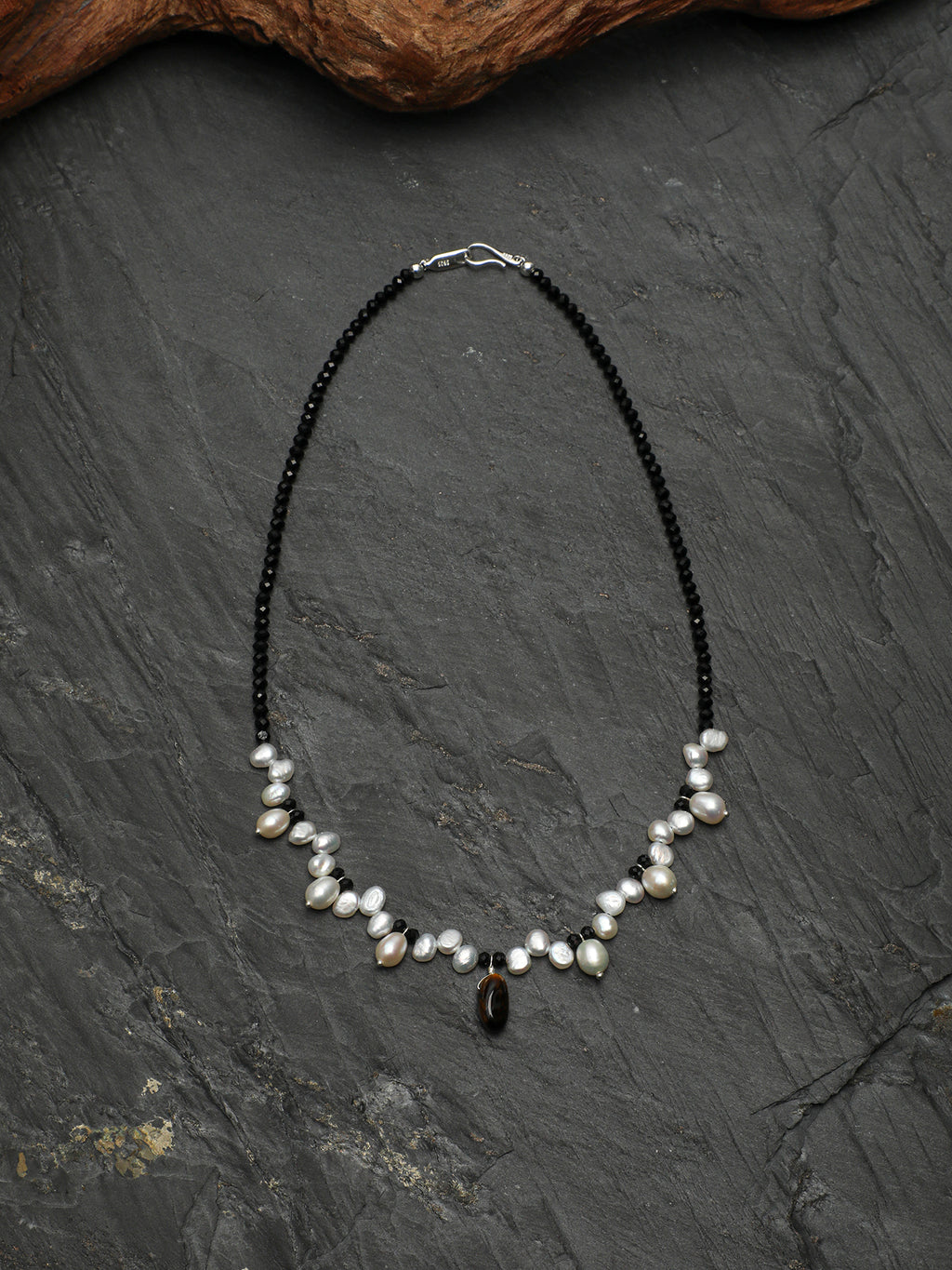 Black Tourmaline & Pearl Pendant Necklace — black tourmaline, pearl, tiger's eye, sterling silver | SENLORE