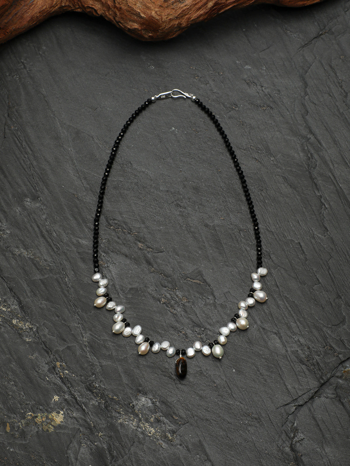 Black Tourmaline & Pearl Pendant Necklace — black tourmaline, pearl, tiger's eye, sterling silver | SENLORE