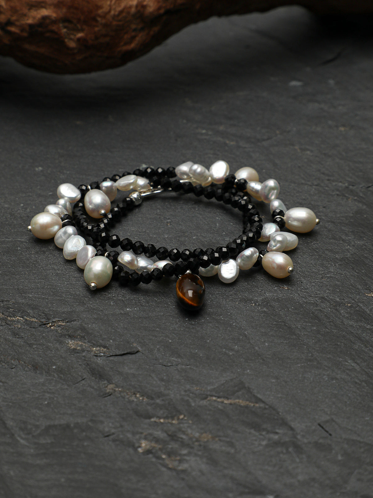 Black Tourmaline & Pearl Pendant Necklace — black tourmaline, pearl, tiger's eye, sterling silver | SENLORE