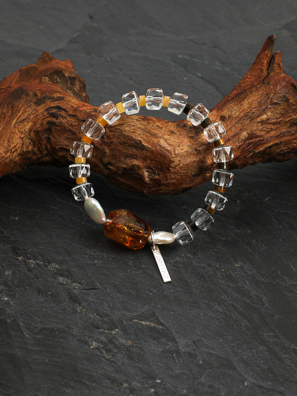 Citrine & Button Baroque Pearl Bracelet — citrine, yellow jade, tiger's eye, baroque pearl, sterling silver | SENLORE