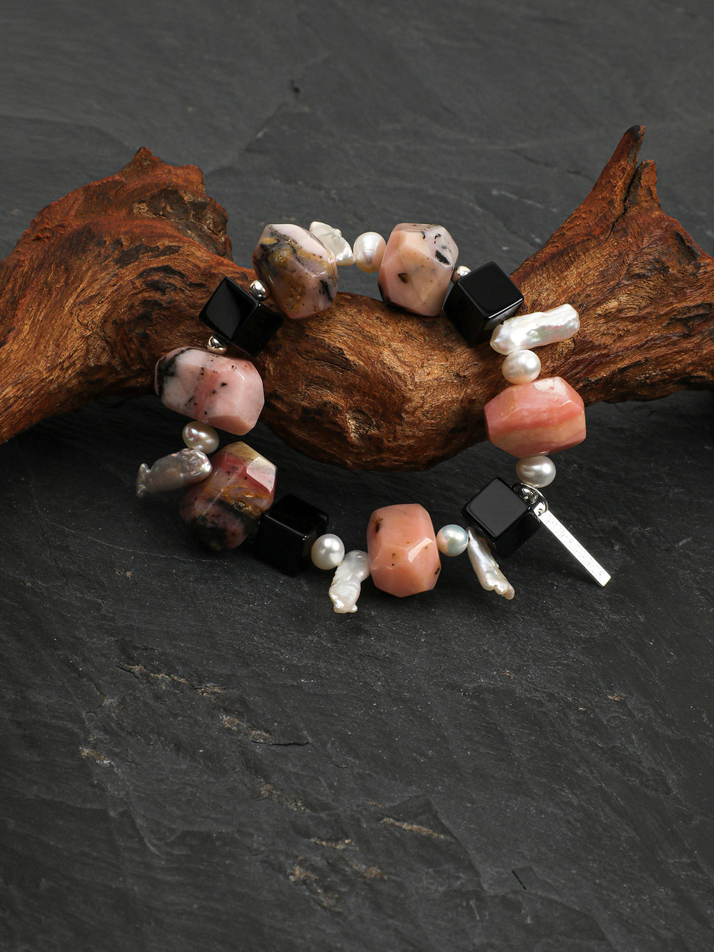 Pink Opal & Baroque Pearl Crystal Bracelet — pink opal, black agate, baroque pearl, seed pearls, sterling silver | SENLORE