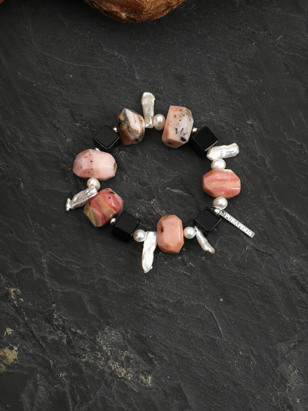 Pink Opal & Baroque Pearl Crystal Bracelet — pink opal, black agate, baroque pearl, seed pearls, sterling silver | SENLORE