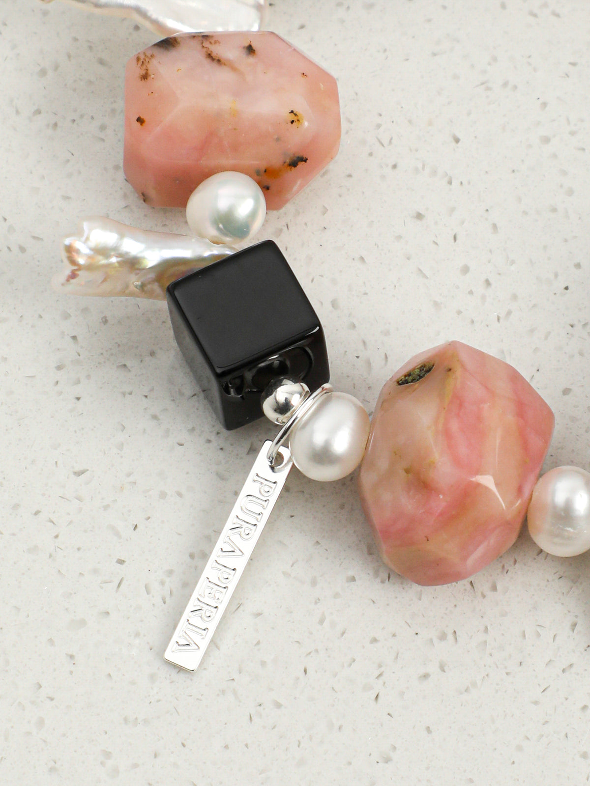 Pink Opal & Baroque Pearl Crystal Bracelet — pink opal, black agate, baroque pearl, seed pearls, sterling silver | SENLORE