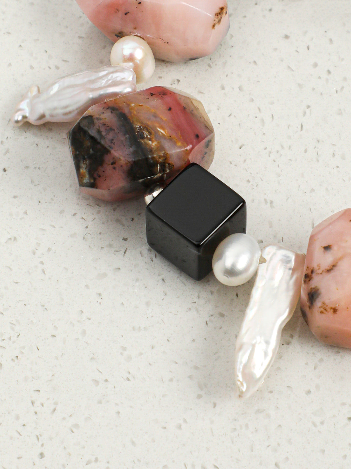 Pink Opal & Baroque Pearl Crystal Bracelet — pink opal, black agate, baroque pearl, seed pearls, sterling silver | SENLORE