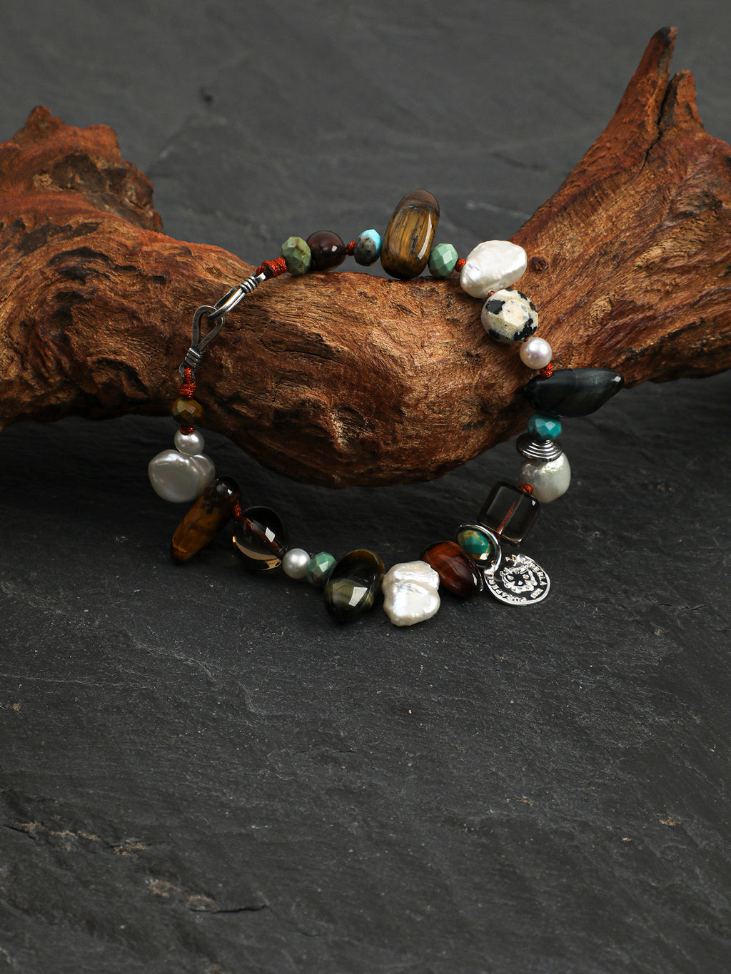 Tiger's Eye & Smoky Quartz Baroque Bracelet — tiger's eye, smoky quartz, phoenix stone, baroque pearl, Thai silver | SENLORE