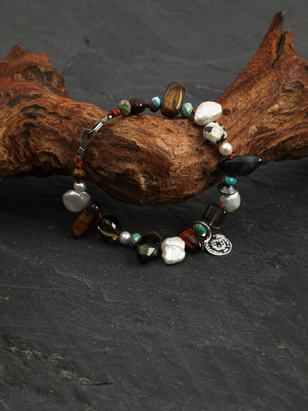 Tiger's Eye & Smoky Quartz Baroque Bracelet — tiger's eye, smoky quartz, phoenix stone, baroque pearl, Thai silver | SENLORE