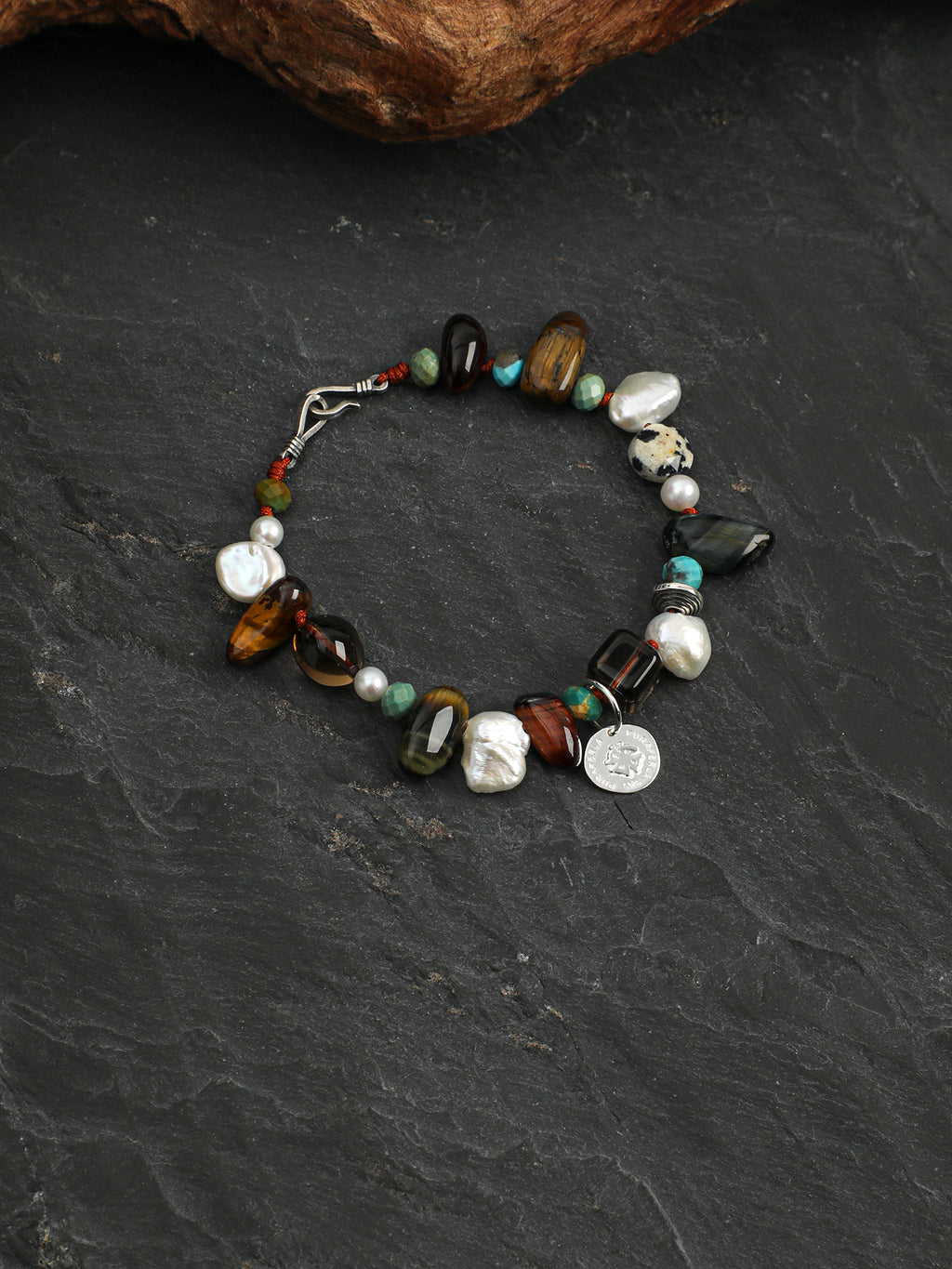 Tiger's Eye & Smoky Quartz Baroque Bracelet — tiger's eye, smoky quartz, phoenix stone, baroque pearl, Thai silver | SENLORE