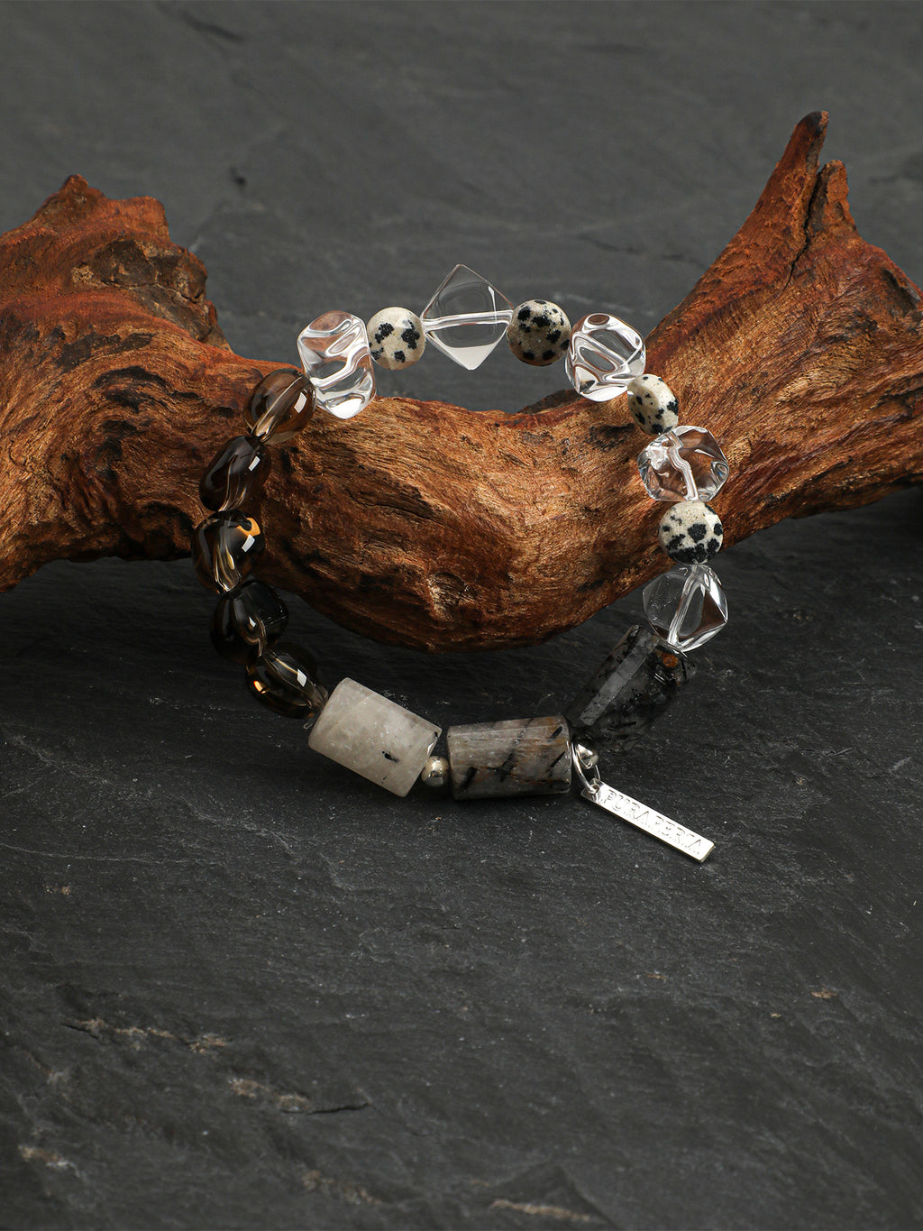 Clear Quartz & Smoky Quartz Disc Bracelet — clear quartz, smoky quartz, black rutilated quartz, sterling silver | SENLORE