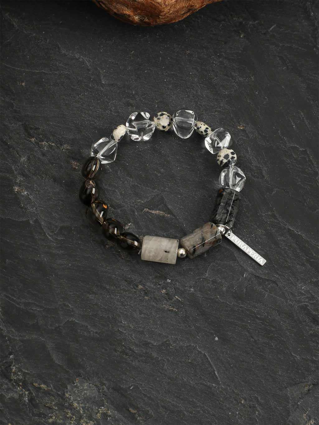 Clear Quartz & Smoky Quartz Disc Bracelet — clear quartz, smoky quartz, black rutilated quartz, sterling silver | SENLORE