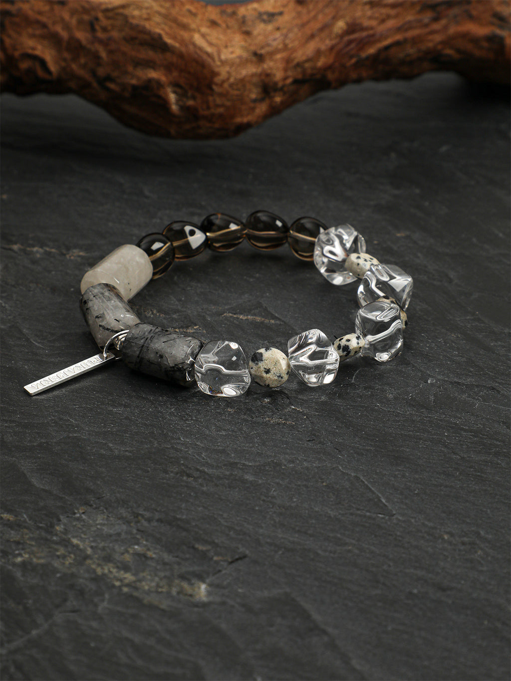 Clear Quartz & Smoky Quartz Disc Bracelet — clear quartz, smoky quartz, black rutilated quartz, sterling silver | SENLORE