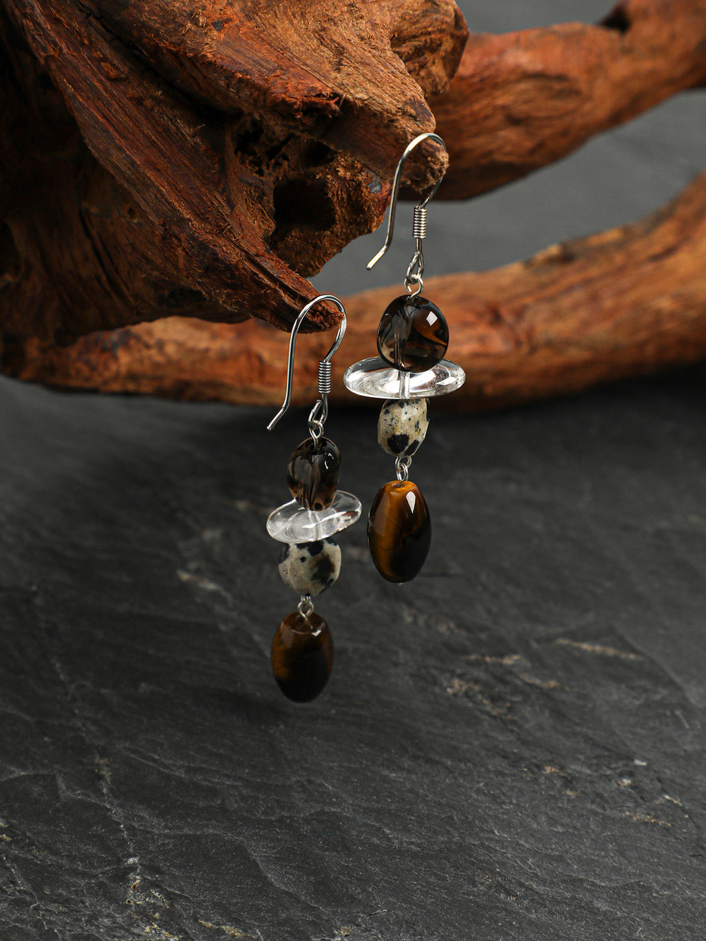 Smoky Quartz & Tiger's Eye Drop Earrings — smoky quartz, tiger's eye, clear quartz, sterling silver | SENLORE