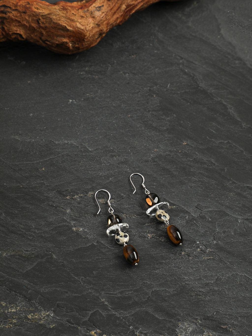 Smoky Quartz & Tiger's Eye Drop Earrings — smoky quartz, tiger's eye, clear quartz, sterling silver | SENLORE