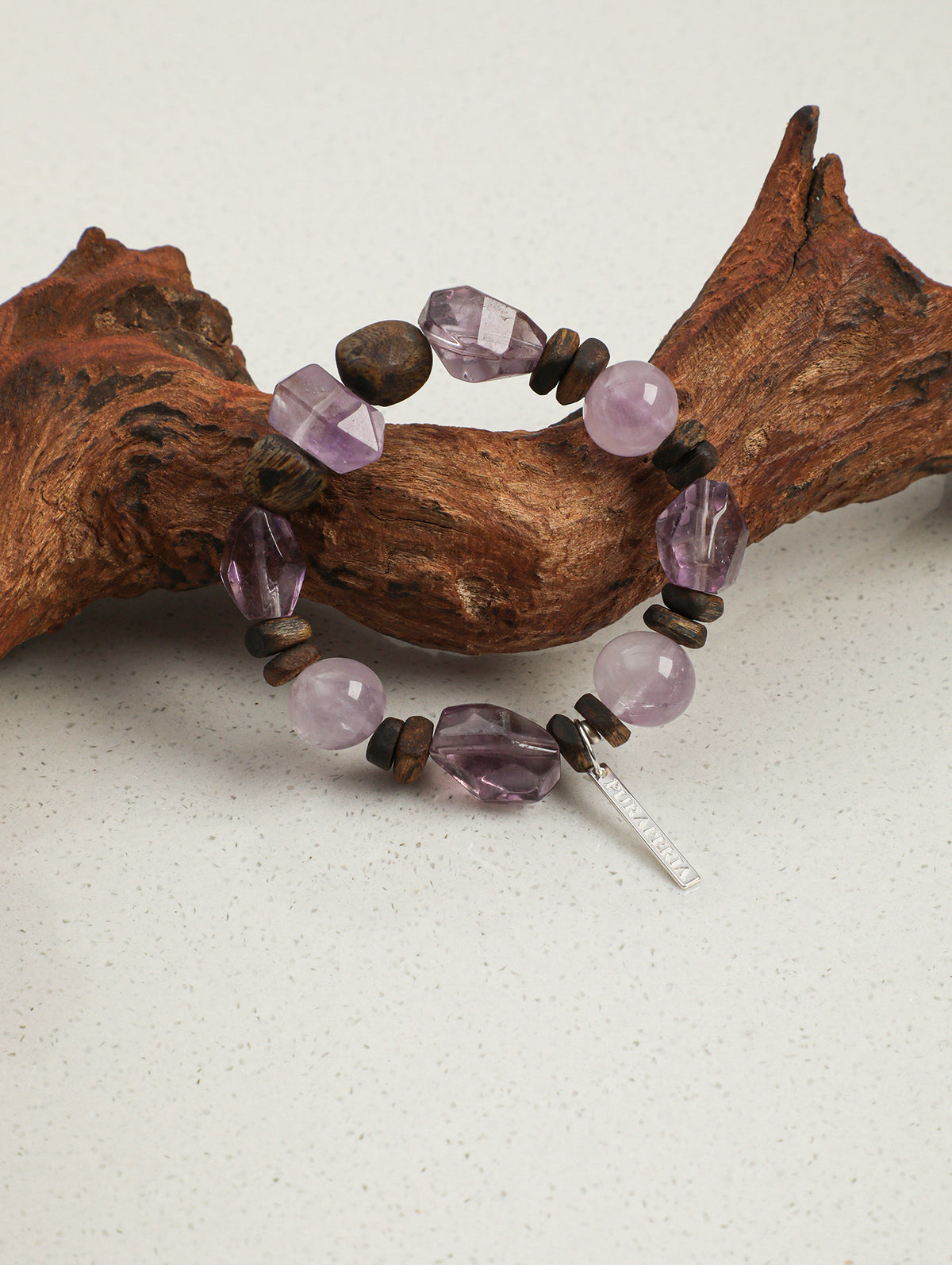 Agarwood Amethyst Bracelet — double-point amethyst, freeform amethyst, amethyst round bead | SENLORE