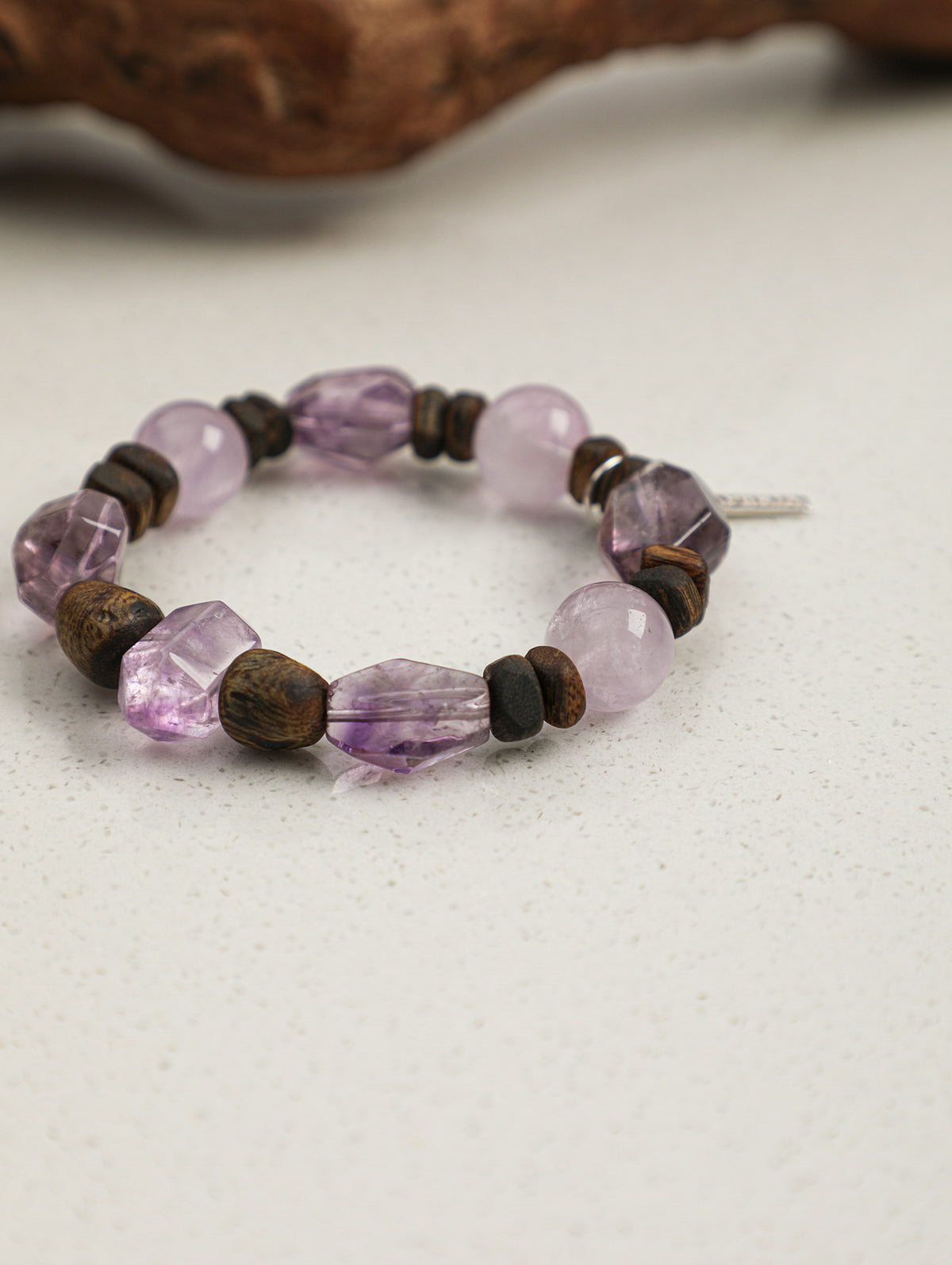 Agarwood Amethyst Bracelet — double-point amethyst, freeform amethyst, amethyst round bead | SENLORE