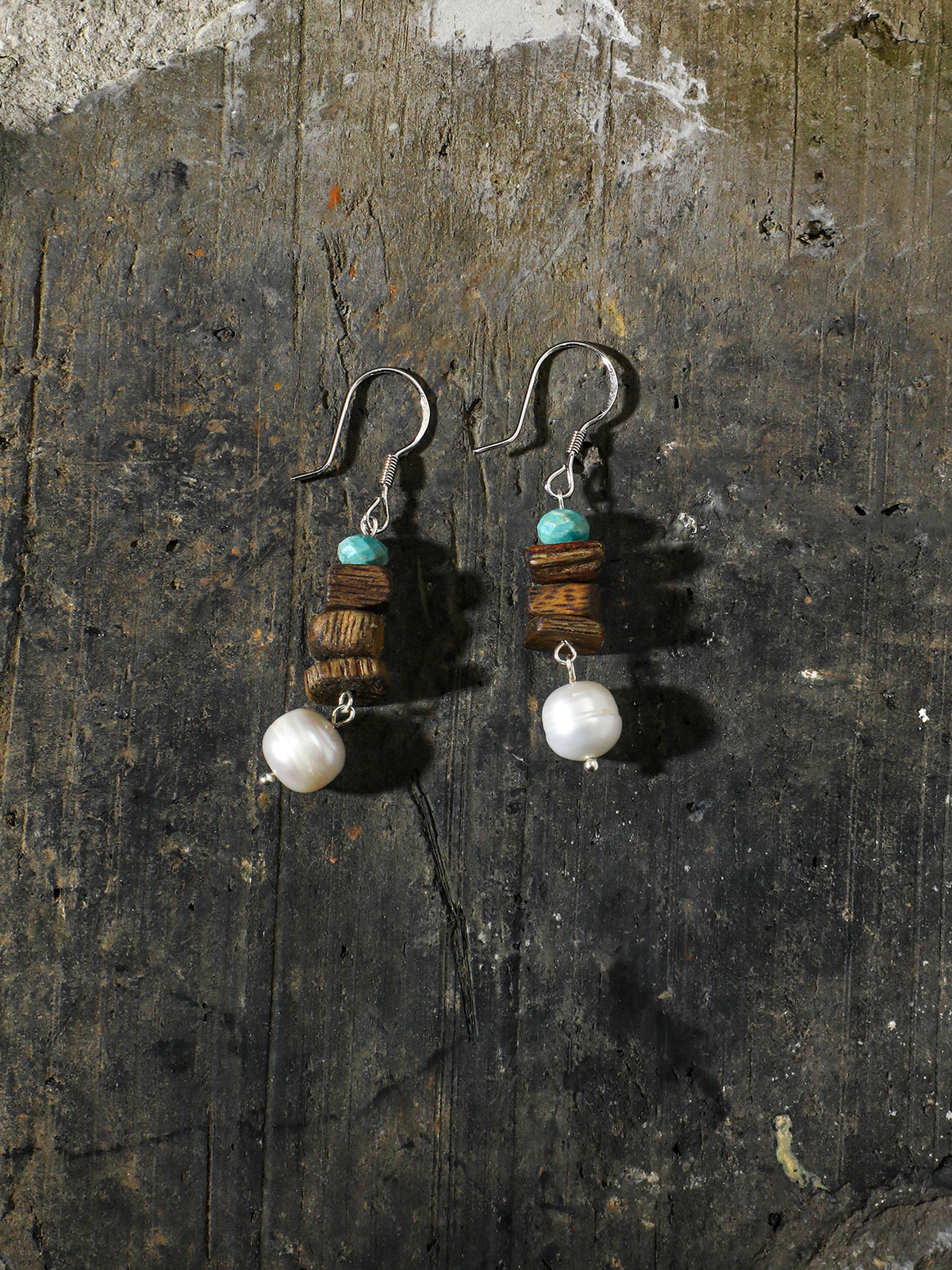 Agarwood & Freshwater Pearl Drop Earrings — freshwater pearls, agarwood chips, phoenix stone, sterling silver | SENLORE