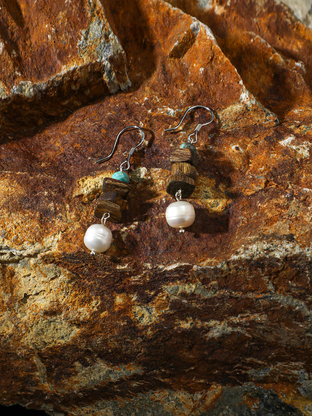 Agarwood & Freshwater Pearl Drop Earrings — freshwater pearls, agarwood chips, phoenix stone, sterling silver | SENLORE