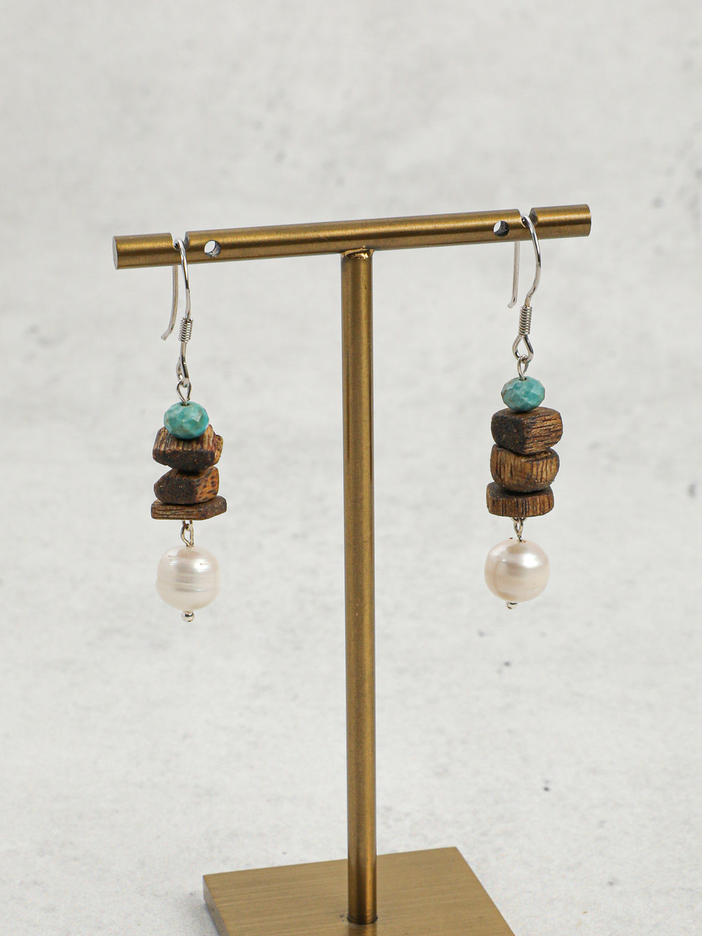 Agarwood & Freshwater Pearl Drop Earrings — freshwater pearls, agarwood chips, phoenix stone, sterling silver | SENLORE