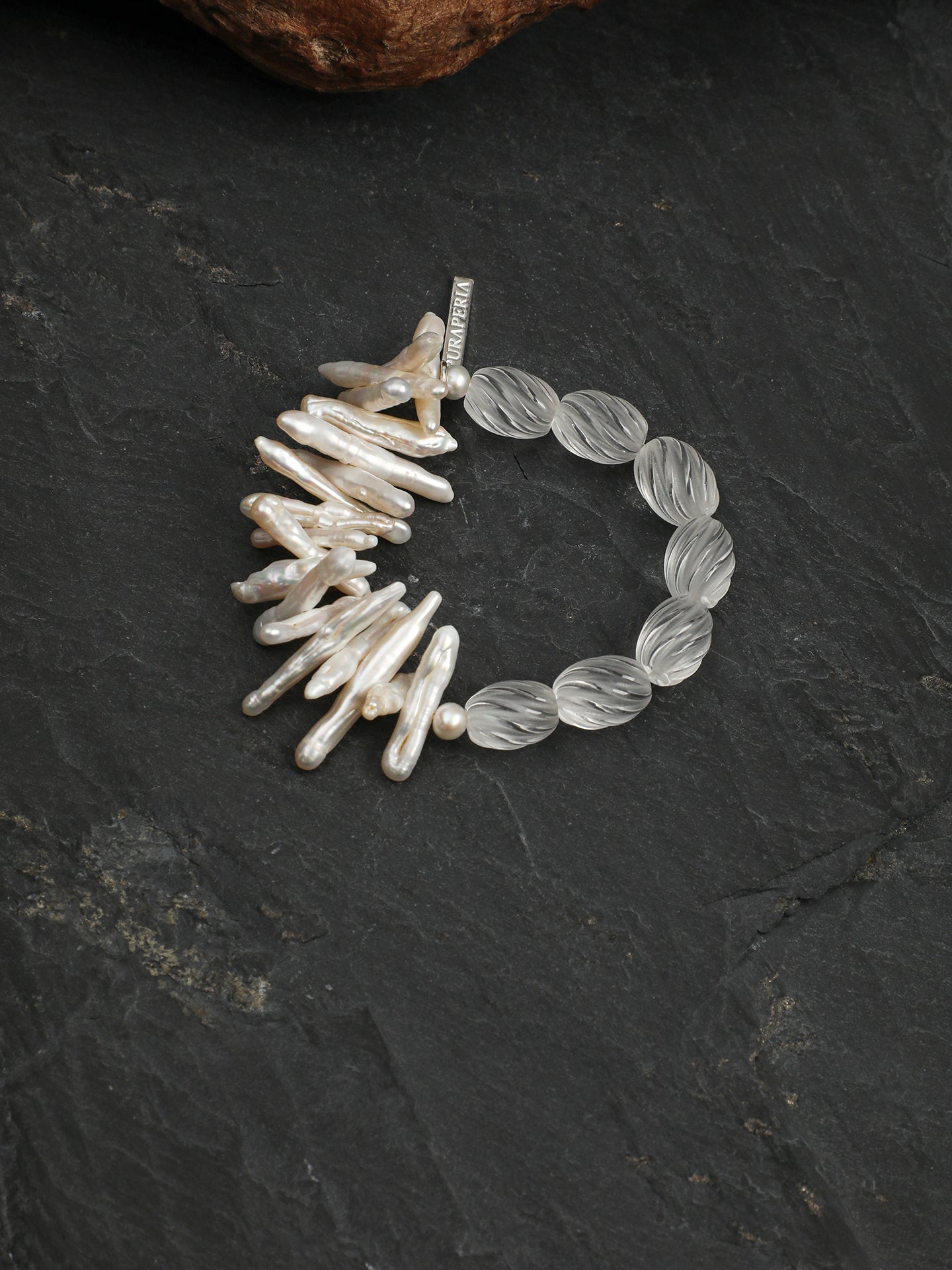Twist Crystal Baroque Bracelet — toothpick-drilled & white crystal knotted bead & S925 Sterling Silver | SENLORE