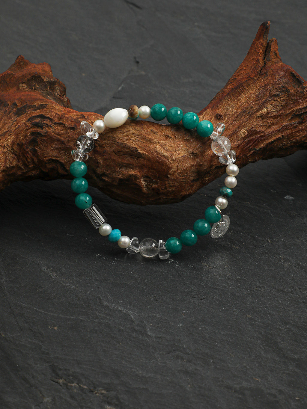 Amazonite & Black Galaxite Crystal Bracelet — amazonite, black galaxite, clear quartz, sterling silver | SENLORE