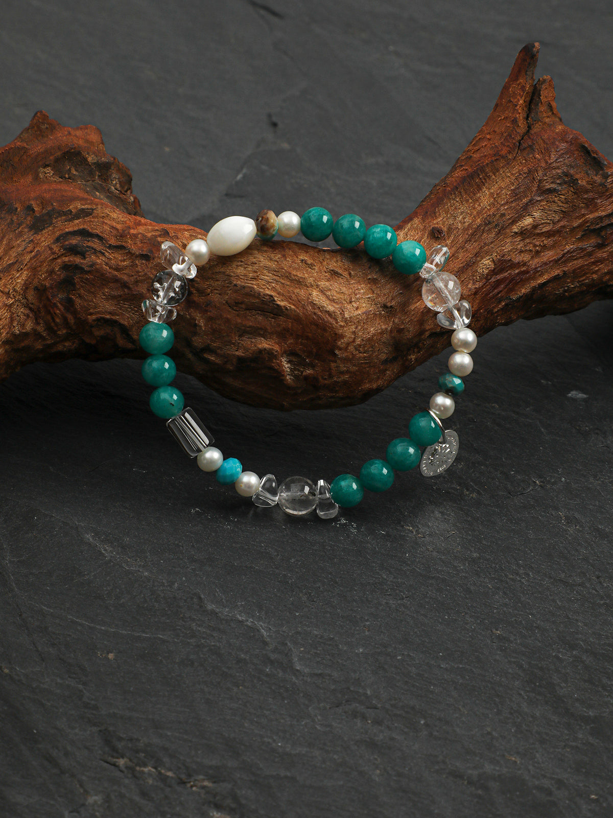 Amazonite & Black Galaxite Crystal Bracelet — amazonite, black galaxite, clear quartz, sterling silver | SENLORE
