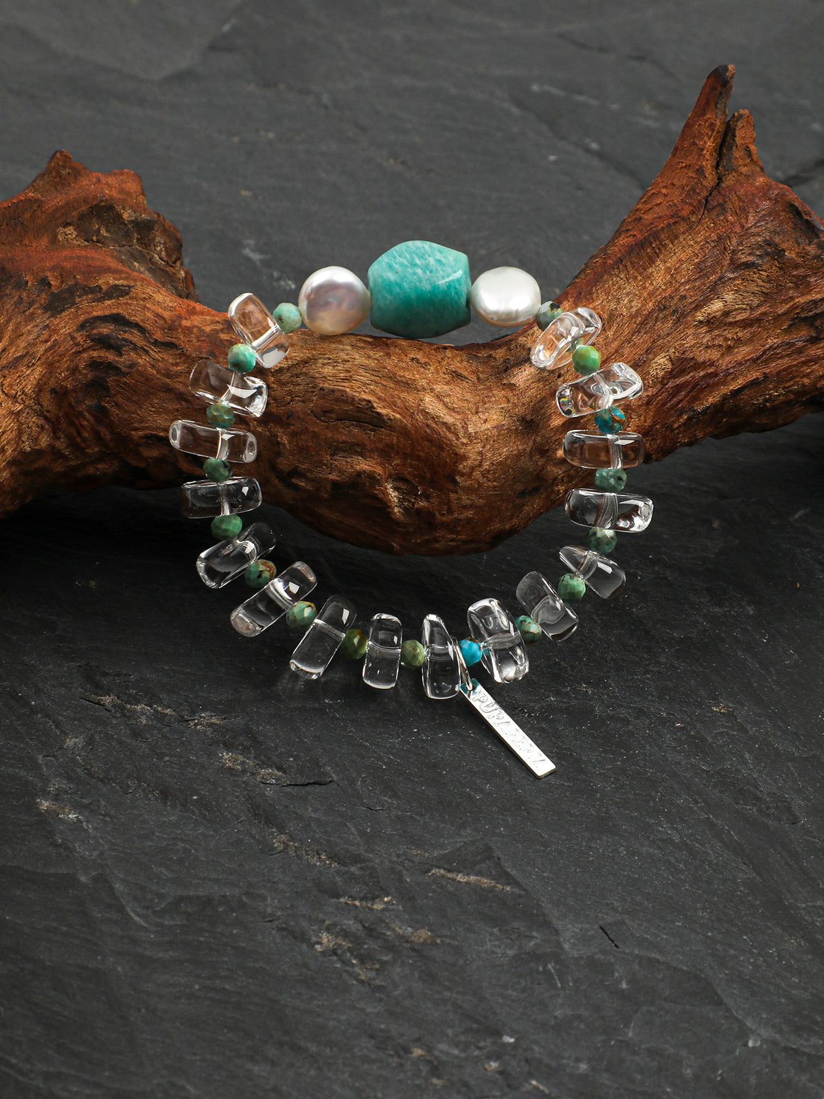 Phoenix Stone & Amazonite Crystal Bracelet — phoenix stone, amazonite, clear quartz, baroque pearl, sterling silver | SENLORE