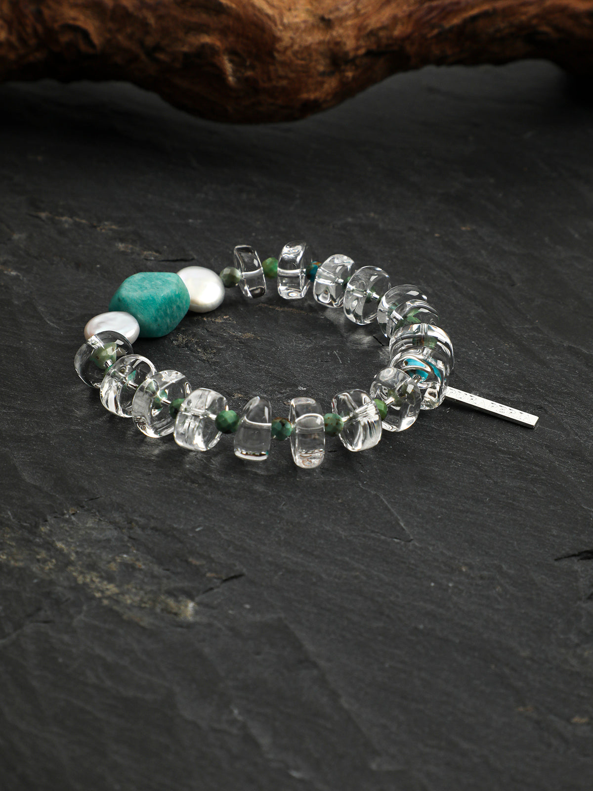 Phoenix Stone & Amazonite Crystal Bracelet — phoenix stone, amazonite, clear quartz, baroque pearl, sterling silver | SENLORE