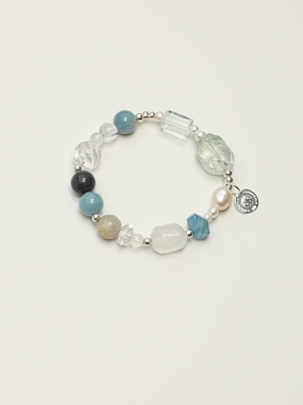 Blue Moonstone & Green Quartz Crystal Bracelet — blue moonstone, green quartz, clear quartz, black galaxite, sterling silver | SENLORE