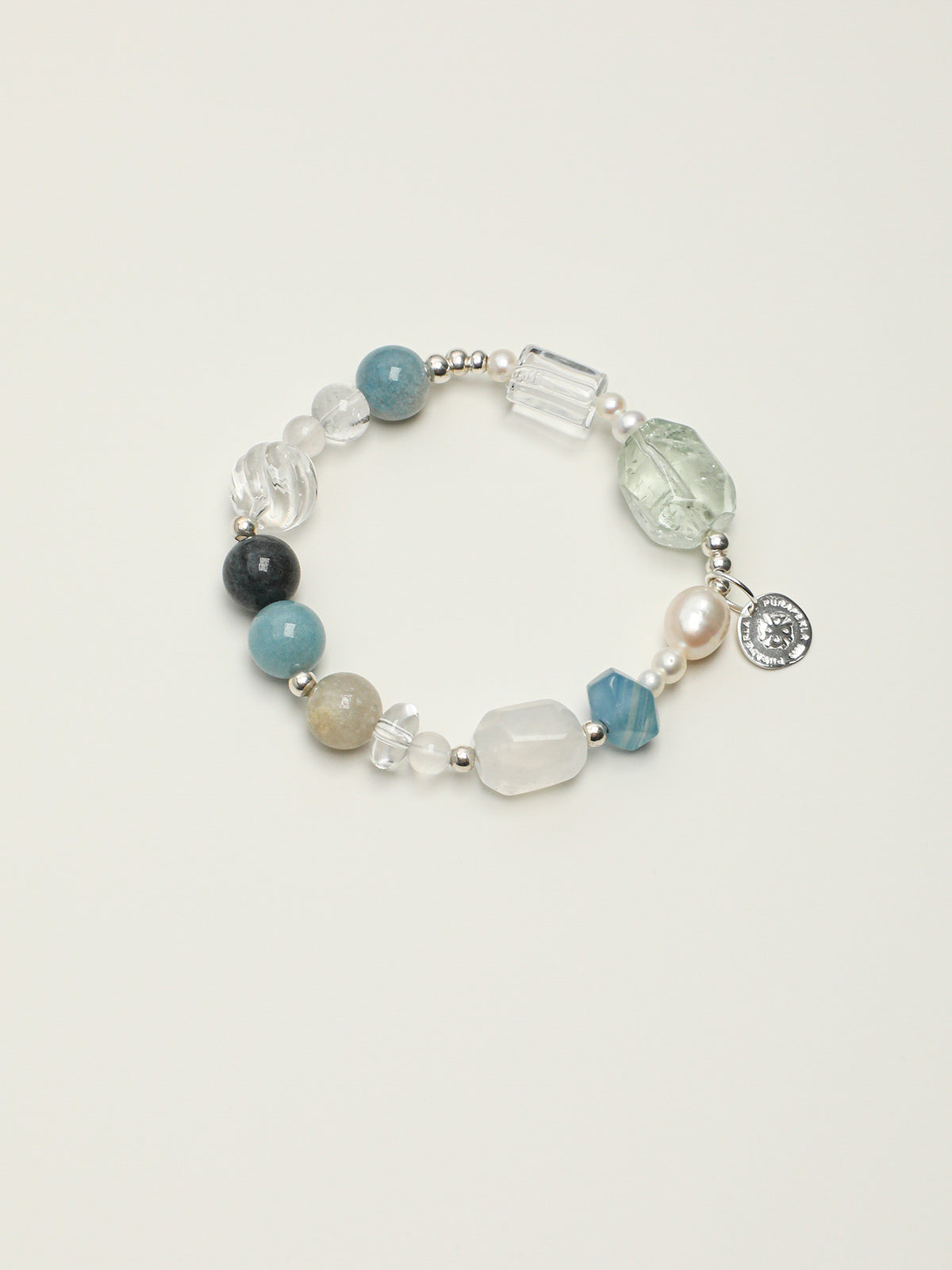Blue Moonstone & Green Quartz Crystal Bracelet — blue moonstone, green quartz, clear quartz, black galaxite, sterling silver | SENLORE
