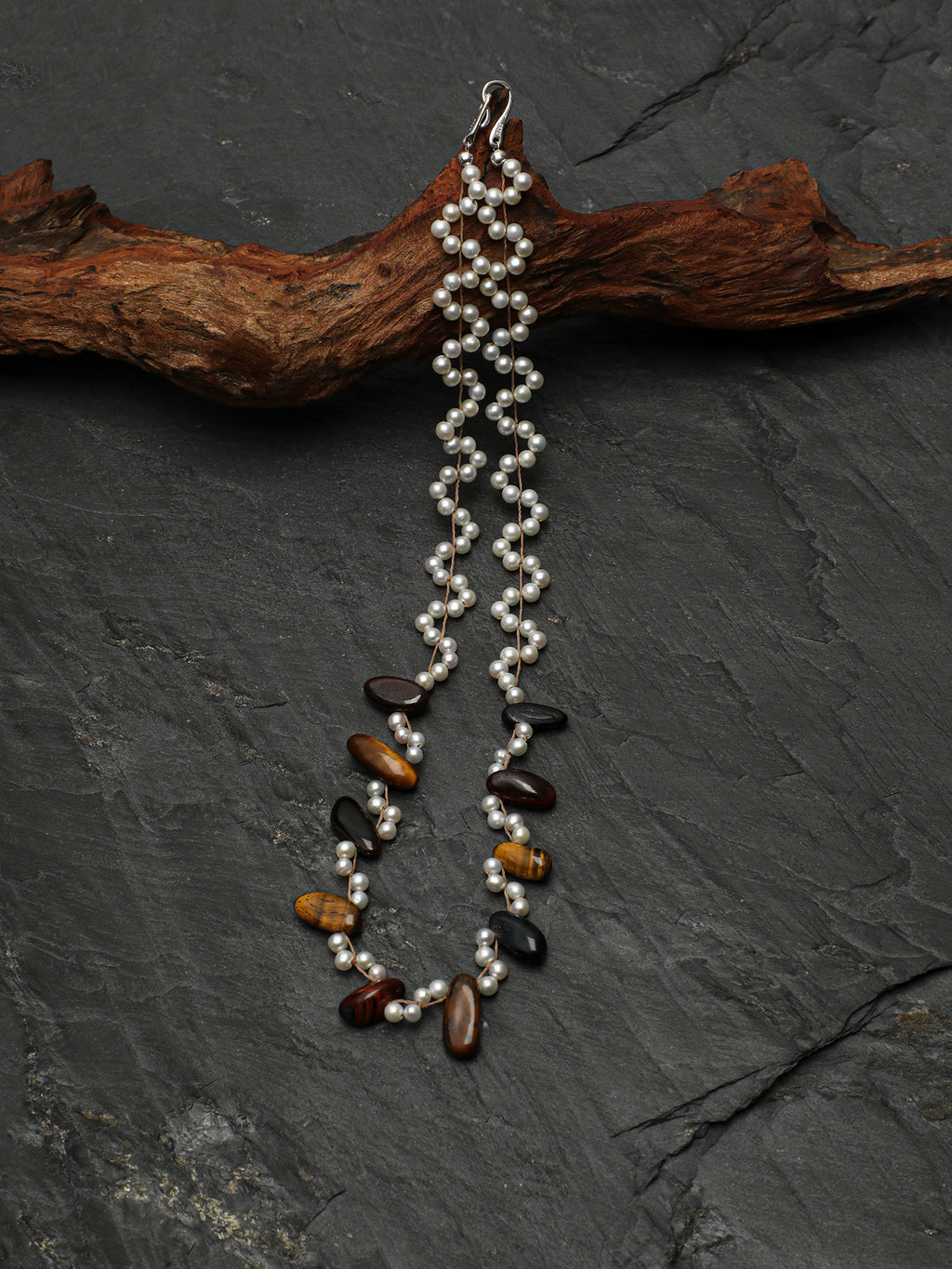 Tiger's Eye & Pearl Wave Necklace — tiger's eye, pearl, sterling silver | SENLORE