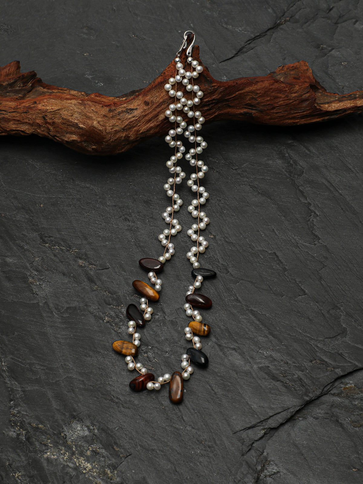 Tiger's Eye & Pearl Wave Necklace — tiger's eye, pearl, sterling silver | SENLORE