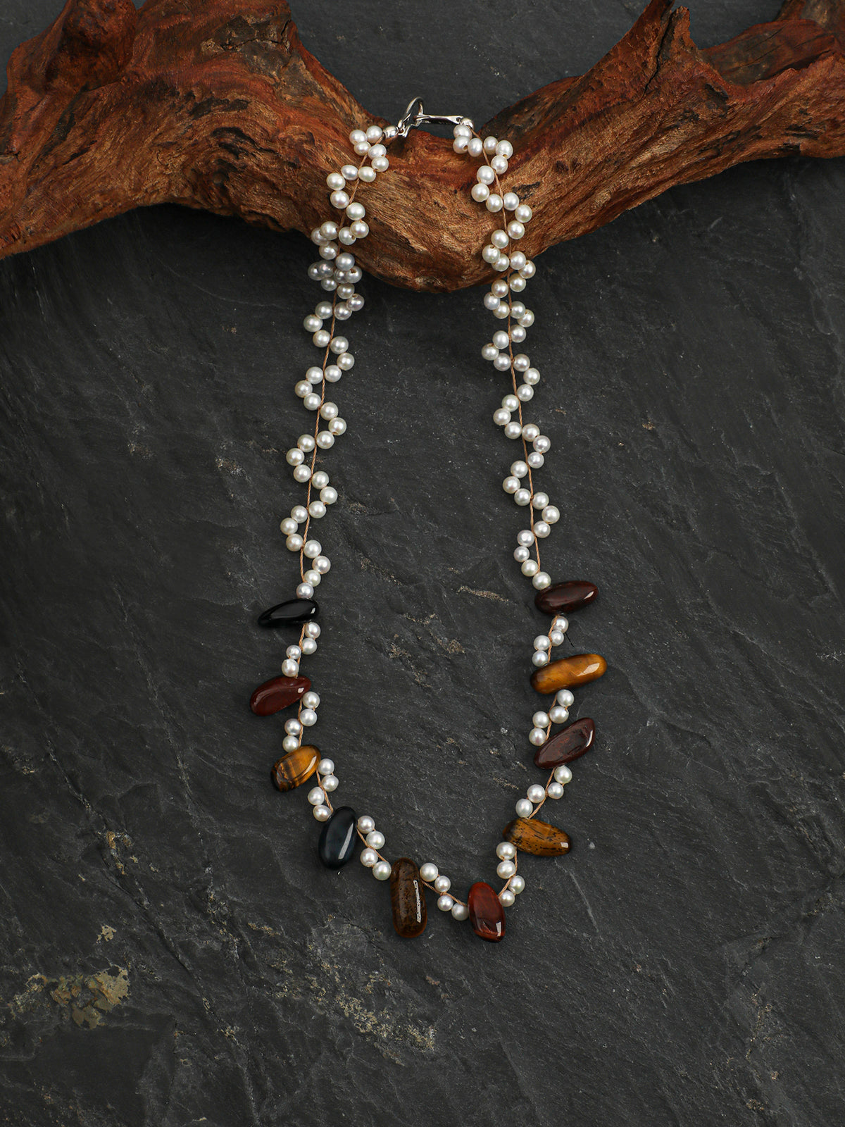 Tiger's Eye & Pearl Wave Necklace — tiger's eye, pearl, sterling silver | SENLORE