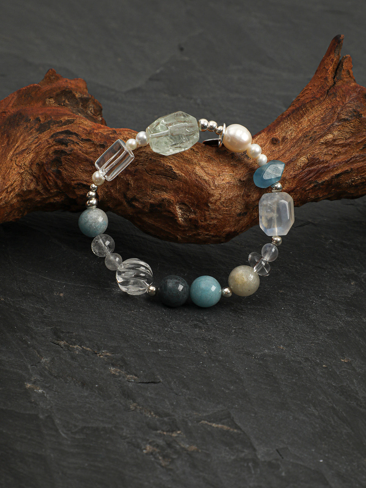 Blue Moonstone & Green Quartz Crystal Bracelet — blue moonstone, green quartz, clear quartz, black galaxite, sterling silver | SENLORE