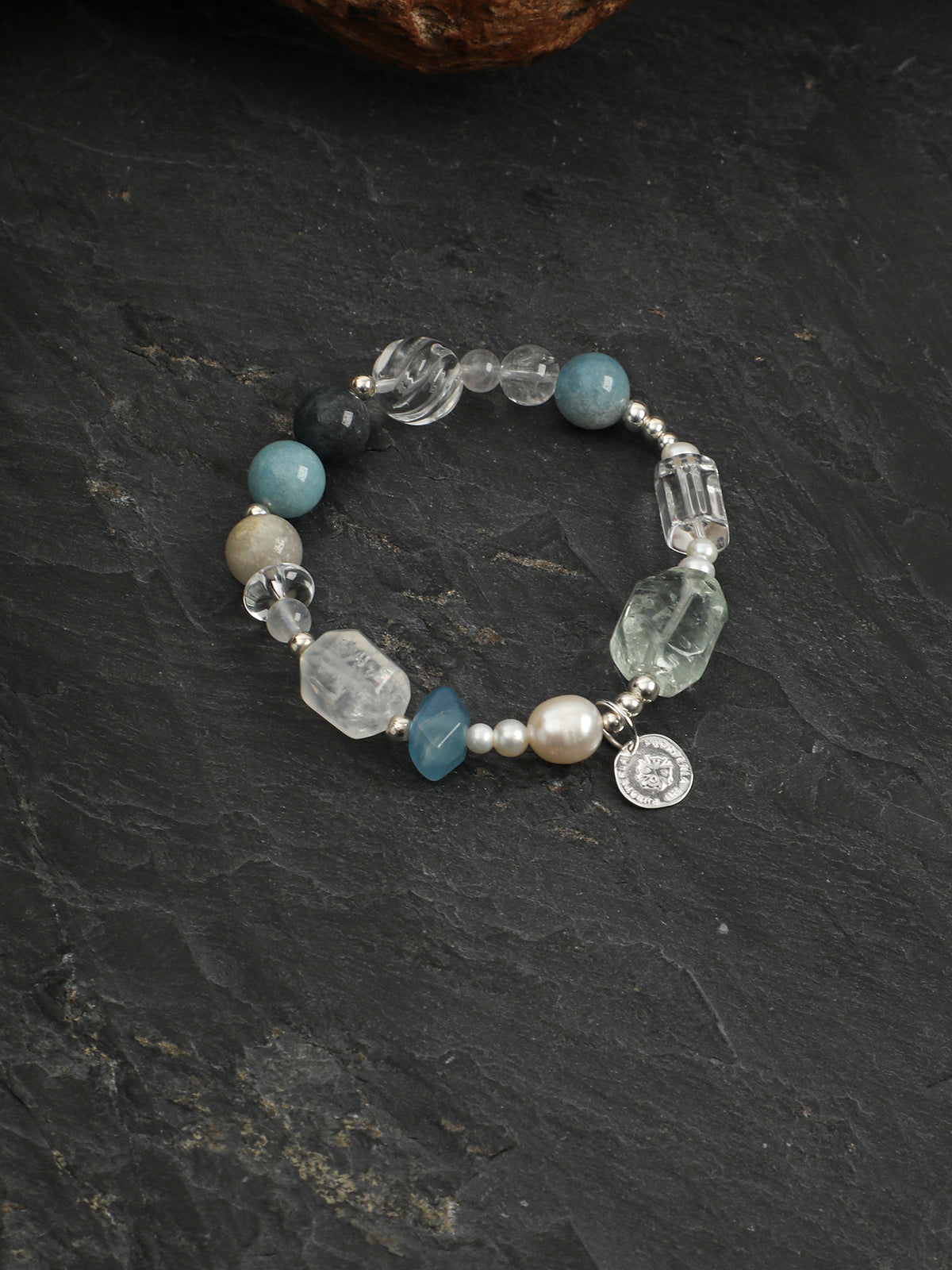 Blue Moonstone & Green Quartz Crystal Bracelet — blue moonstone, green quartz, clear quartz, black galaxite, sterling silver | SENLORE