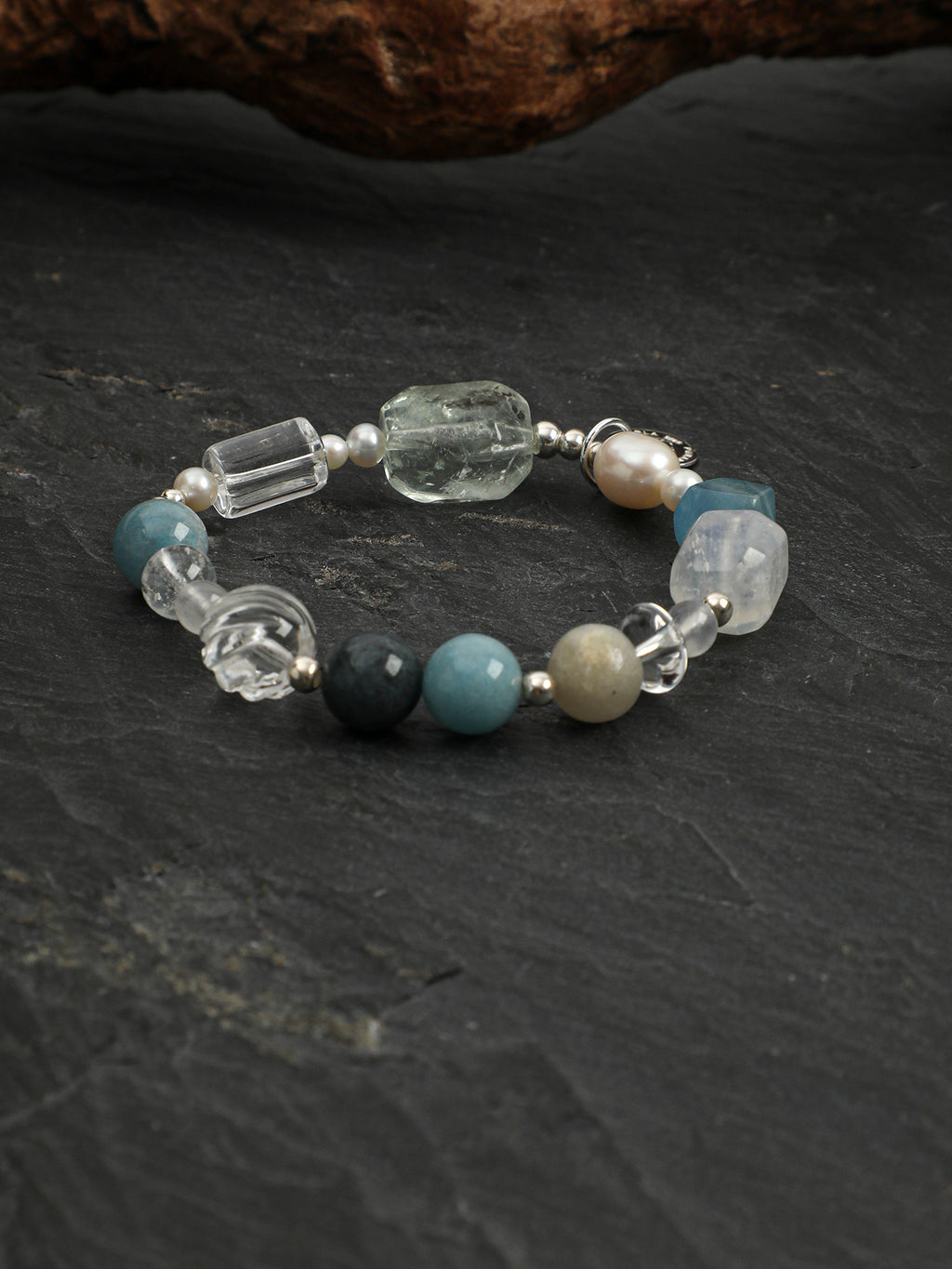 Blue Moonstone & Green Quartz Crystal Bracelet — blue moonstone, green quartz, clear quartz, black galaxite, sterling silver | SENLORE