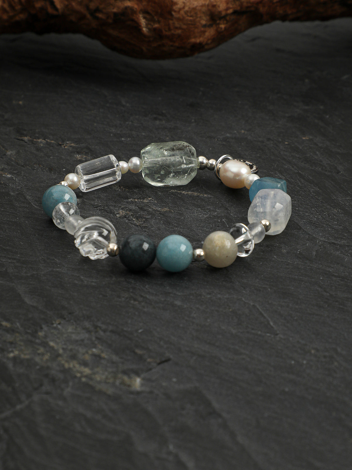 Blue Moonstone & Green Quartz Crystal Bracelet — blue moonstone, green quartz, clear quartz, black galaxite, sterling silver | SENLORE