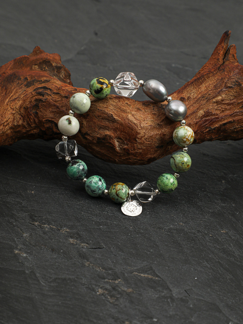 Clear Quartz & Variscite Baroque Bracelet — clear quartz, variscite, baroque pearl, sterling silver | SENLORE