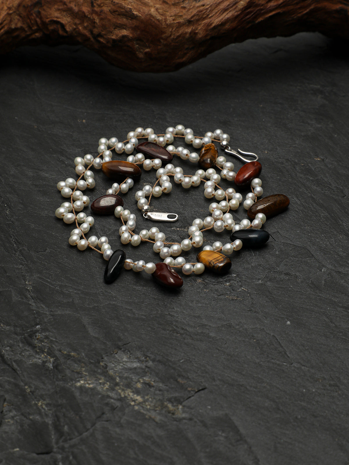 Tiger's Eye & Pearl Wave Necklace — tiger's eye, pearl, sterling silver | SENLORE