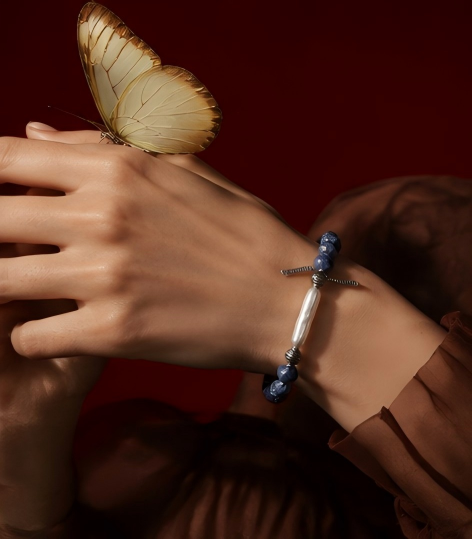 Blue Vein Stone & Silver Bar Pearl Bracelet