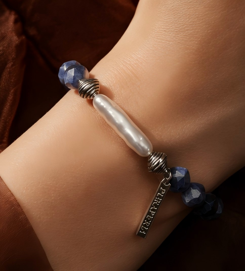 Blue Vein Stone & Silver Bar Pearl Bracelet