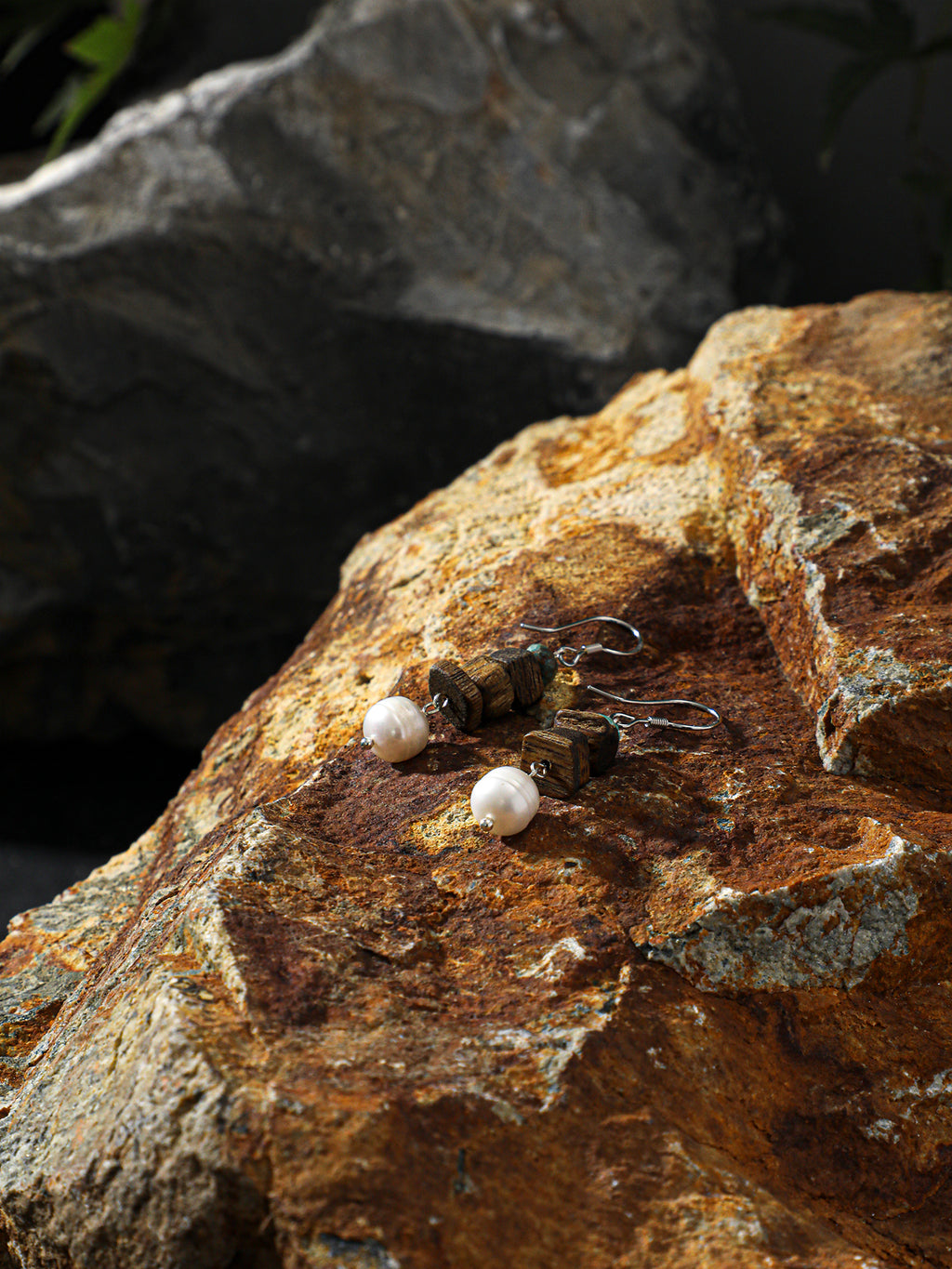 Agarwood & Freshwater Pearl Drop Earrings — freshwater pearls, agarwood chips, phoenix stone, sterling silver | SENLORE
