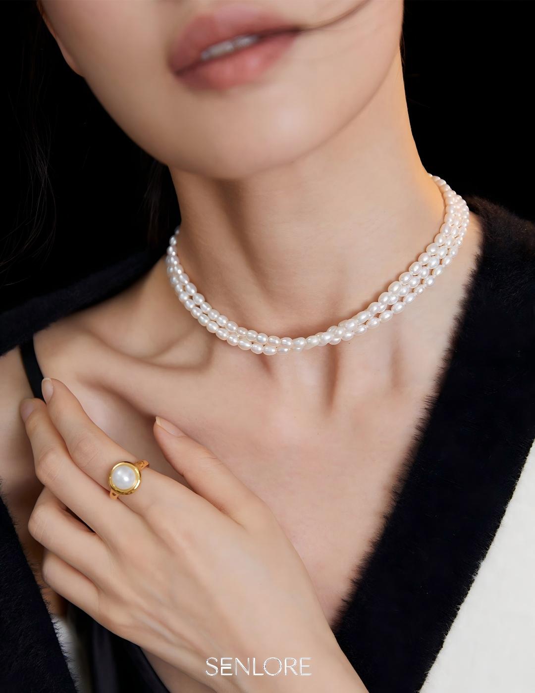 SENLORE Rice Grain Pearl Necklace – Front View