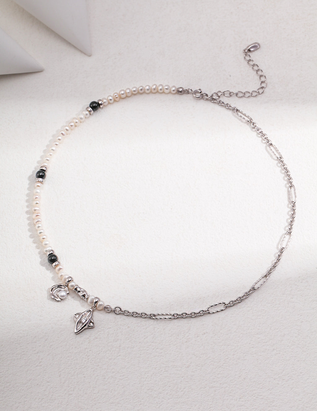 Star Moon Pearl Necklace — Sterling Silver, 18K Gold Vermeil, natural freshwater pearl, black agate | SENLORE