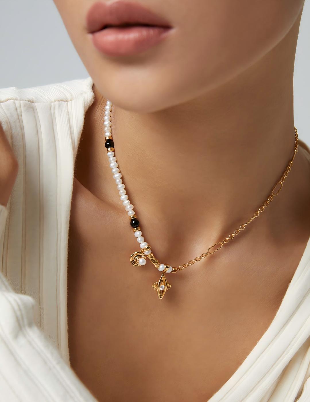 Star Moon Pearl Necklace — Sterling Silver, 18K Gold Vermeil, natural freshwater pearl, black agate | SENLORE