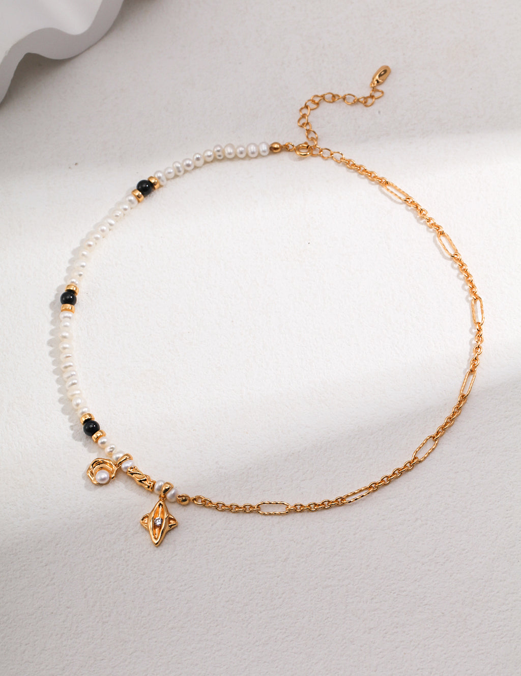 Star Moon Pearl Necklace — Sterling Silver, 18K Gold Vermeil, natural freshwater pearl, black agate | SENLORE