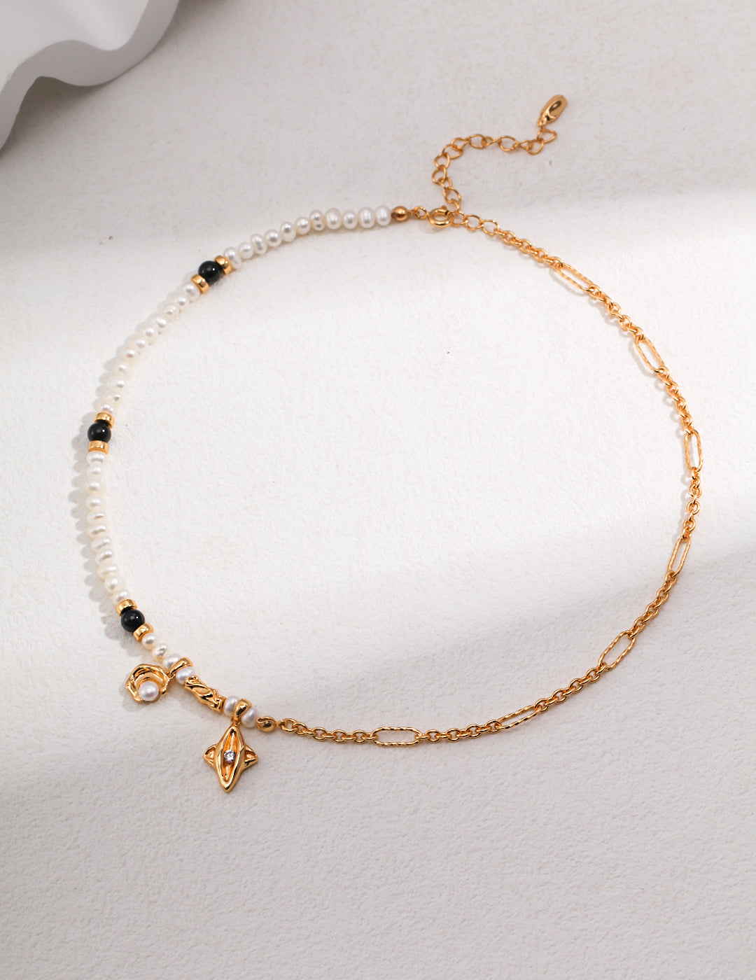 Star Moon Pearl Necklace — Sterling Silver, 18K Gold Vermeil, natural freshwater pearl, black agate | SENLORE