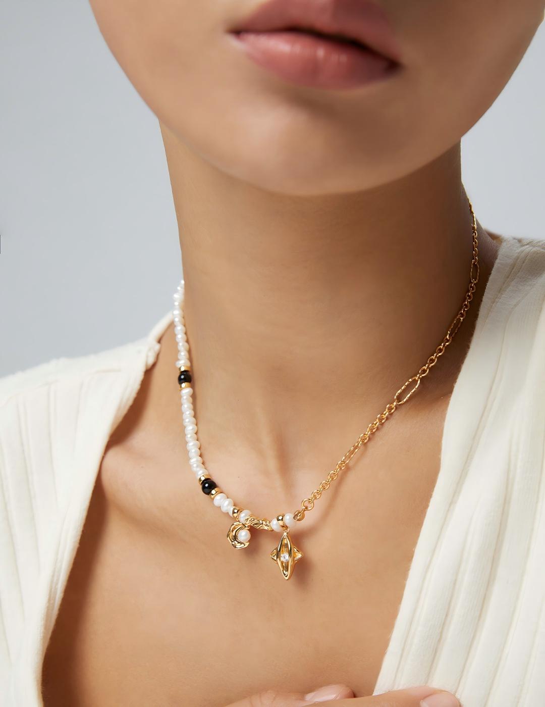 Star Moon Pearl Necklace — Sterling Silver, 18K Gold Vermeil, natural freshwater pearl, black agate | SENLORE