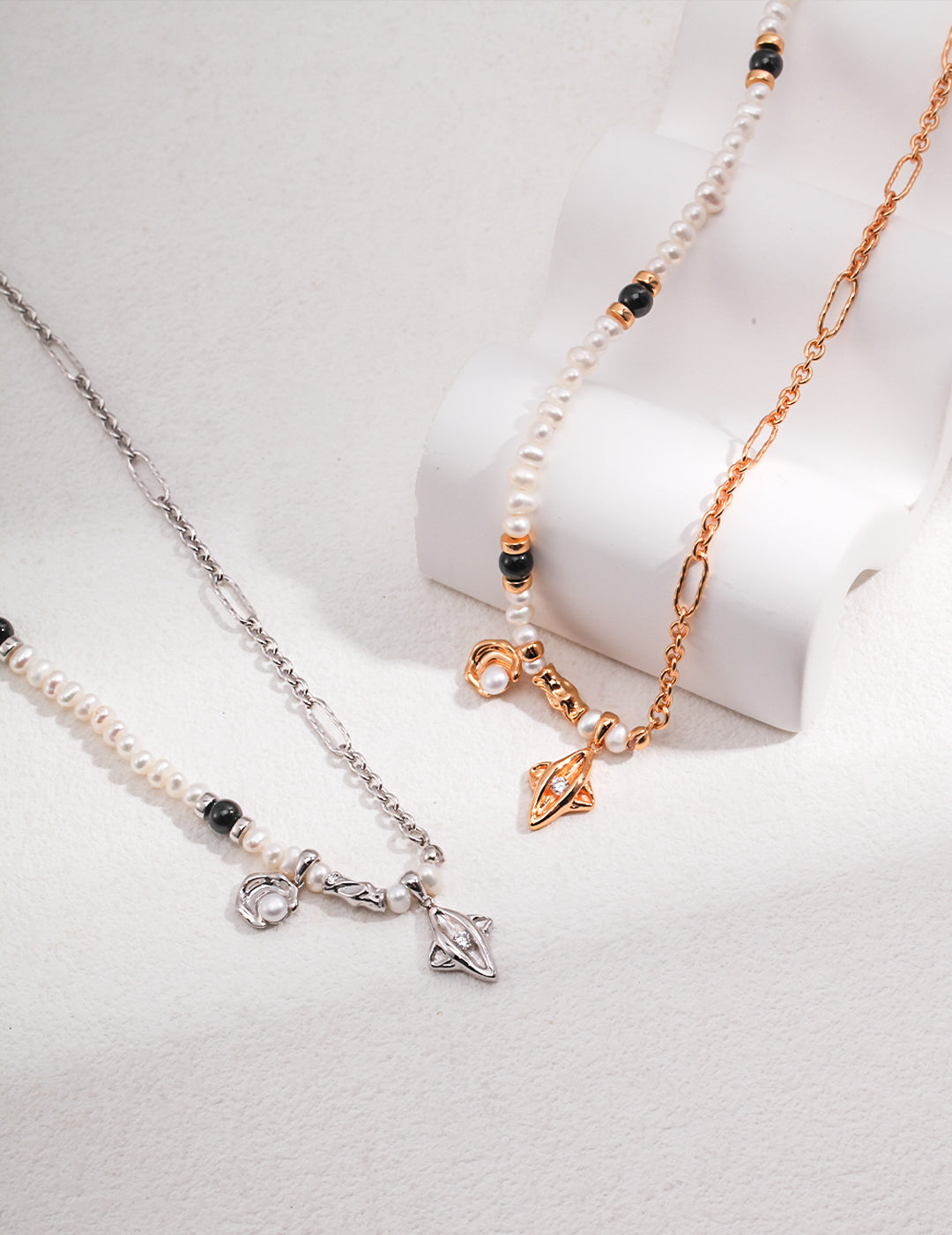 Star Moon Pearl Necklace — Sterling Silver, 18K Gold Vermeil, natural freshwater pearl, black agate | SENLORE