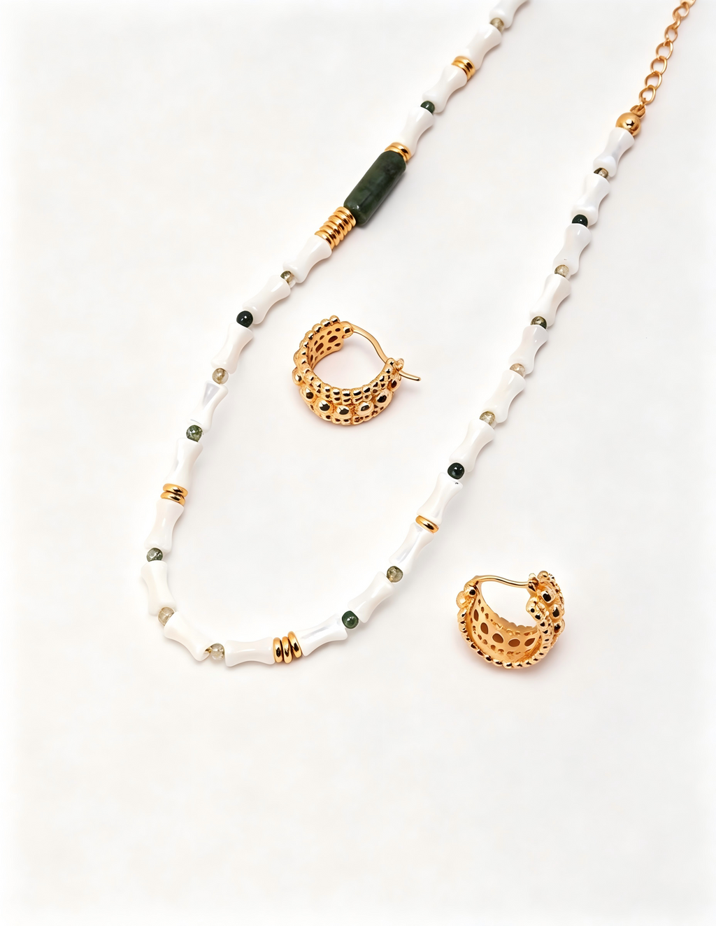 Bamboo Knot Mother-of-Pearl Necklace — 18K Gold Vermeil, natural mother-of-pearl, green phantom quartz | SENLORE