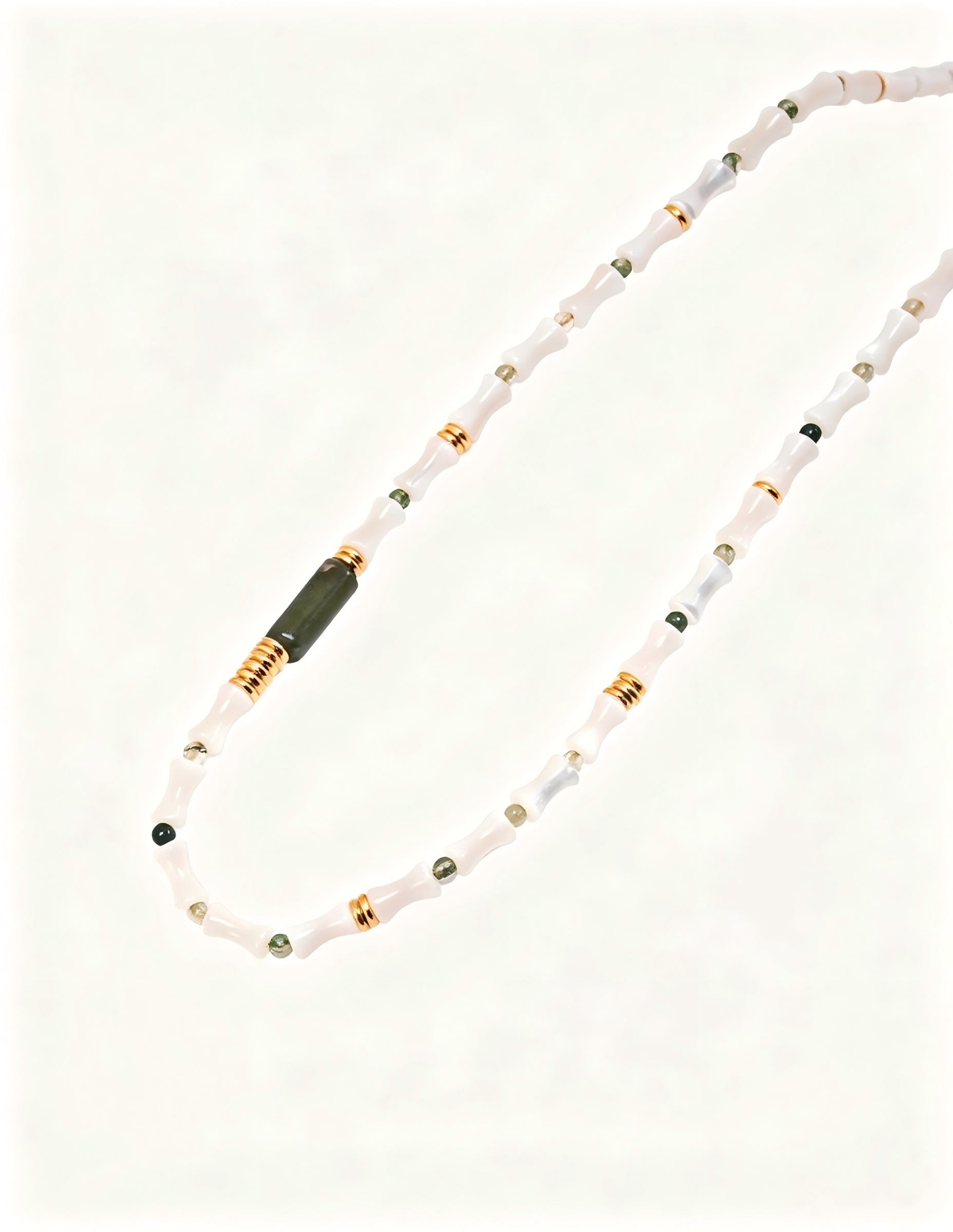 Bamboo Knot Mother-of-Pearl Necklace — 18K Gold Vermeil, natural mother-of-pearl, green phantom quartz | SENLORE